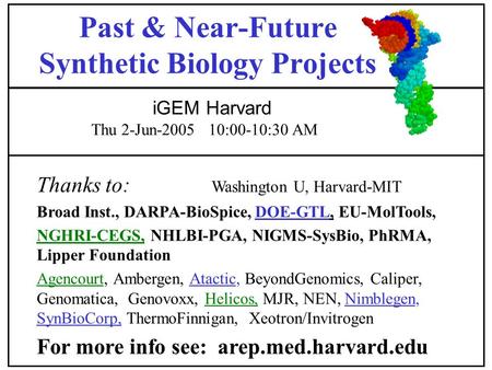 Thanks to: Washington U, Harvard-MIT Broad Inst., DARPA-BioSpice, DOE-GTL, EU-MolTools, NGHRI-CEGS, NHLBI-PGA, NIGMS-SysBio, PhRMA, Lipper Foundation Agencourt,