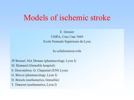 Models of ischemic stroke E. Grenier UMPA, Crns Umr 5669 Ecole Normale Supérieure de Lyon In collaboration with JP Boissel, MA Dronne (pharmacology, Lyon.