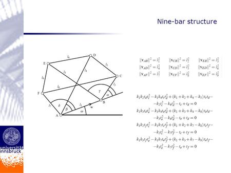 Nine-bar structure. The univariate polynomial of degree 16 of this system can be computed in general! It can be used 1.to find the maximum number of real.