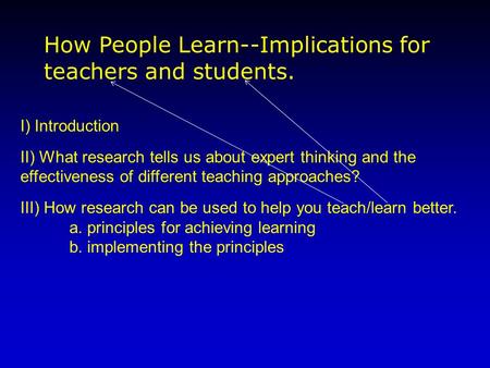 I) Introduction II) What research tells us about expert thinking and the effectiveness of different teaching approaches? III) How research can be used.