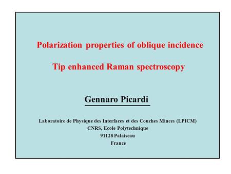 Laboratoire de Physique des Interfaces et des Couches Minces (LPICM) CNRS, Ecole Polytechnique 91128 Palaiseau France Gennaro Picardi Polarization properties.