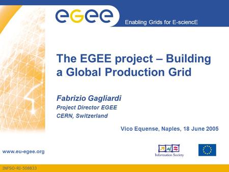 INFSO-RI-508833 Enabling Grids for E-sciencE www.eu-egee.org The EGEE project – Building a Global Production Grid Fabrizio Gagliardi Project Director EGEE.