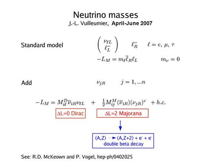 April-June 2007. 1)Oscillations: 2)Kinematics in weak decays: 3) 0 double beta decay: ?