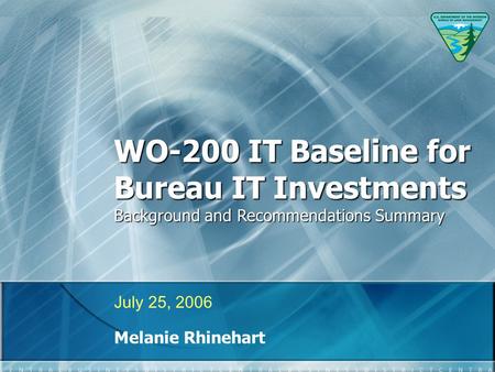 WO-200 IT Baseline for Bureau IT Investments Background and Recommendations Summary July 25, 2006 Melanie Rhinehart.