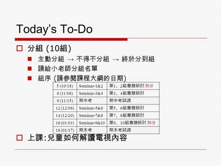 Today’s To-Do  分組 (10 組 ) 主動分組 → 不得不分組 → 終於分到組 請給小老師分組名單 組序 ( 請參閱課程大綱的日期 )  上課 : 兒童如何解讀電視內容 5 (10/18)Seminar-1&2 第 1 、 2 組專題研討 加分 8 (11/08)Seminar-3&4.