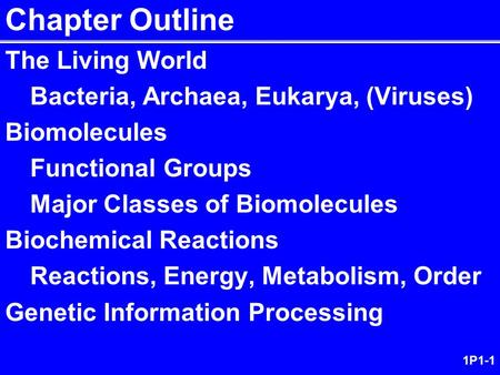 1P1-1 Chapter Outline The Living World Bacteria, Archaea, Eukarya, (Viruses) Biomolecules Functional Groups Major Classes of Biomolecules Biochemical Reactions.