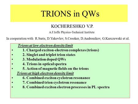 TRIONS in QWs Trions at low electron density limit 1. Charged exciton-electron complexes (trions) 2. Singlet and triplet trion states 3. Modulation doped.