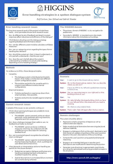 HIGGINS Error handling strategies in a spoken dialogue system Rolf Carlson, Jens Edlund and Gabriel Skantze Error handling research issues The long term.