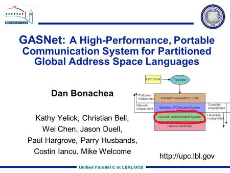 Unified Parallel C at LBNL/UCB GASNet: A High-Performance, Portable Communication System for Partitioned Global Address Space Languages Dan Bonachea Kathy.