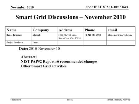 Doc.: IEEE 802.11-10/1316r4 Submission November 2010 Bruce Kraemer, MarvellSlide 1 Smart Grid Discussions – November 2010 Date: 2010-November-10 Abstract: