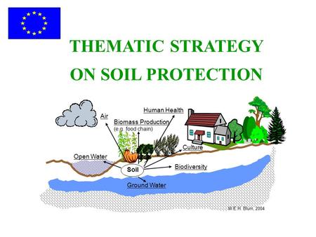 THEMATIC STRATEGY ON SOIL PROTECTION Soil Ground Water Biodiversity Open Water Air Biomass Production (e.g. food chain) Human Health W.E.H. Blum, 2004.