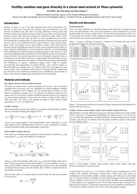 Fertility variation and gene diversity in a clonal seed orchard of Pinus sylvestris Nebi Bilir 1, Kyu-Suk Kang 2 and Dag Lindgren 3 1 Suleyman Demirel.