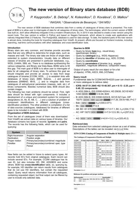 The new version of Binary stars database (BDB) P. Kaygorodov 1, B. Debray 2, N. Kolesnikov 3, D. Kovaleva 1, O. Malkov 1 1 INASAN, 2 Observatoire de Besançon,