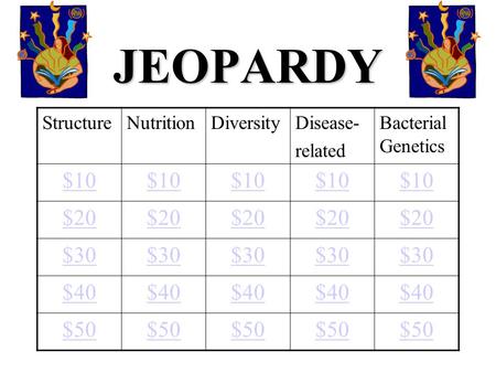 JEOPARDY StructureNutritionDiversityDisease- related Bacterial Genetics $10 $20 $30 $40 $50.