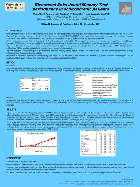 Rivermead Behavioural Memory Test performance in schizophrenic patients Ruiz, J.C. (1), Fuentes, I. (1), Tomás, P. (2), Soler, M.J. (1) and García Merita,