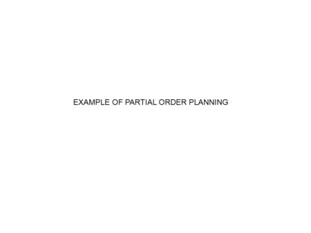 EXAMPLE OF PARTIAL ORDER PLANNING. Action Recipes: Action: Stack(x,y) Prec: Clear(x) ^ Clear(y) ^ OnTable(x) Effect: ~Clear(y) ^ ~OnTable(x) ^ On(x,y)