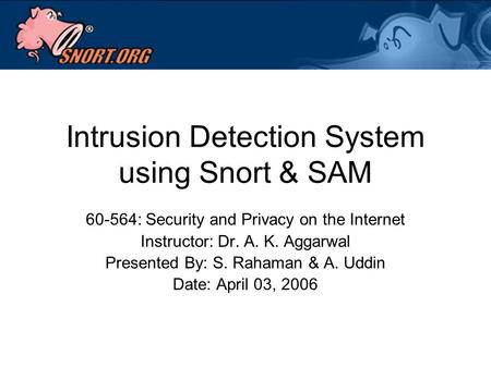 Intrusion Detection System using Snort & SAM 60-564: Security and Privacy on the Internet Instructor: Dr. A. K. Aggarwal Presented By: S. Rahaman & A.