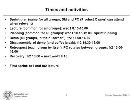 Karlstads University Computer Science Software Engineering, DVGC051 Times and activities Sprint-plan (same for all groups, SM and PO (Product Owner) can.