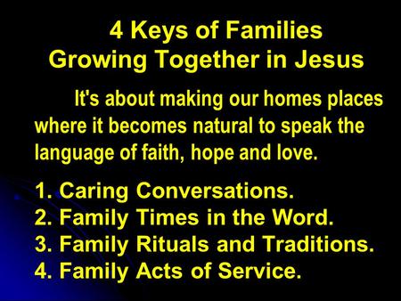 4 Keys of Families Growing Together in Jesus It's about making our homes places where it becomes natural to speak the language of faith, hope and love.