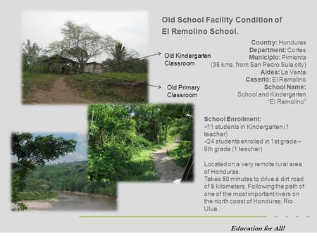 Education for All! Old School Facility Condition of El Remolino School. Old Kindergarten Classroom Old Primary Classroom School Enrollment: 11 students.