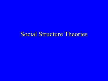 Social Structure Theories Social Disorganization Theories Robert Park on urban ecology –Urban “zones” –Crime and zones –The cause of crime: “Social Disorganization”