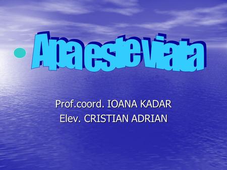 Prof.coord. IOANA KADAR Elev. CRISTIAN ADRIAN. Apa o sursa de viata pentru animale Apa o sursa de viata pentru animale.