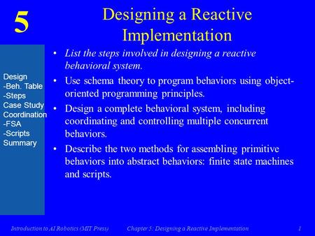 5 Introduction to AI Robotics (MIT Press)Chapter 5: Designing a Reactive Implementation1 Designing a Reactive Implementation List the steps involved in.