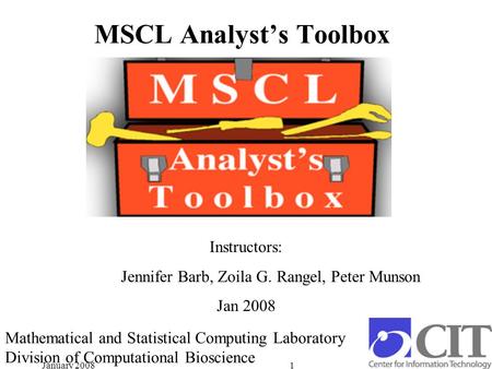 January 20081 MSCL Analyst’s Toolbox Instructors: Jennifer Barb, Zoila G. Rangel, Peter Munson Jan 2008 Mathematical and Statistical Computing Laboratory.