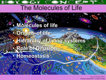 Larry M. Frolich, Ph.D. Biology Department, Yavapai College The Molecules of Life Molecules of lifeMolecules of life Origins of lifeOrigins of life Hierarchy.