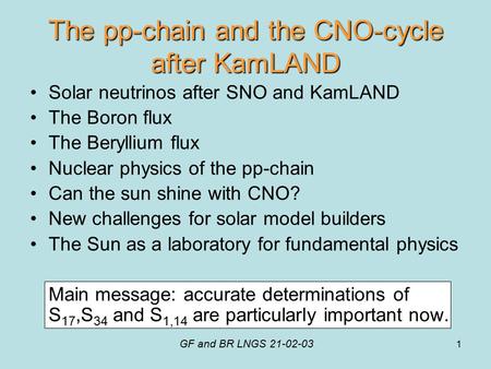 1 The pp-chain and the CNO-cycle after KamLAND Solar neutrinos after SNO and KamLAND The Boron flux The Beryllium flux Nuclear physics of the pp-chain.