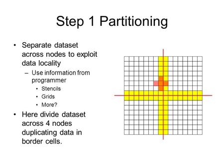 Step 1 Partitioning Separate dataset across nodes to exploit data locality –Use information from programmer Stencils Grids More? Here divide dataset across.