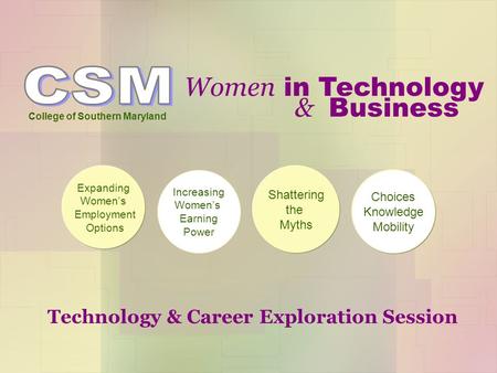 Women in Technology College of Southern Maryland Expanding Women’s Employment Options Increasing Women’s Earning Power Shattering the Myths Choices Knowledge.