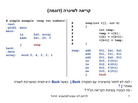 תכן לוגי ומבוא למחשבים תרגול 131 קריאה לשיגרה (דוגמה) # simple example ‘swap two numbers’.text.globlmain main: la$a0, array addi$a1, $0, 0 jswap back:.data.