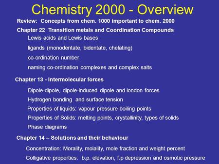 Chemistry 2000 - Overview Review: Concepts from chem. 1000 important to chem. 2000 Chapter 13 - Intermolecular forces Chapter 14 – Solutions and their.