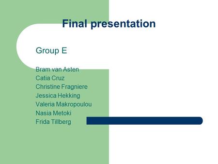 Final presentation Group E Bram van Asten Catia Cruz Christine Fragniere Jessica Hekking Valeria Makropoulou Nasia Metoki Frida Tillberg.