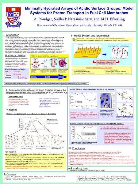 Minimally Hydrated Arrays of Acidic Surface Groups: Model Systems for Proton Transport in Fuel Cell Membranes A. Roudgar, Sudha P.Narasimachary. and M.H.