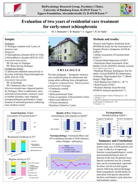 Evaluation of two years of residential care treatment for early-onset schizophrenia / M. J. Hemmerle 1,2, B. Röpcke 1,2, C. Eggers 1,2, R. D. Oades 1 Evaluation.