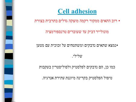 Cell adhesion רוב התאים ממקור רקמה מוצקה גדלים בתרבית בצורת מונולייר דביק עד שעוברים טרנספורמציה נמצא שתאים נדבקים ומשתטחים על זכוכית עם מטען שלילי. כמו.