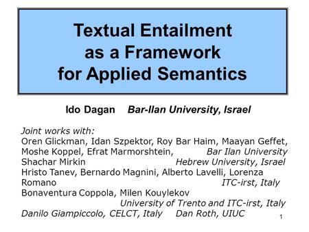 Textual Entailment as a Framework for Applied Semantics