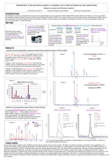 Quantification of low-abundance proteins in complexes and in total cell lysates by mass spectrometry Bastienne Jaccard and Manfredo Quadroni Université.