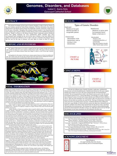 Printed by www.postersession.com Genomes, Disorders, and Databases Isabel C. Ibarra Soto Episcopal Cathedral School This project investigates all four.