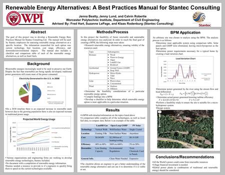 Abstract The goal of this project was to develop a Renewable Energy Best Practices Manual for Stantec Consulting Ltd. The manual will be used by Stantec.