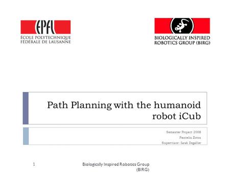 Path Planning with the humanoid robot iCub Semester Project 2008 Pantelis Zotos Supervisor: Sarah Degallier Biologically Inspired Robotics Group (BIRG)