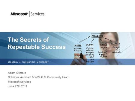 The Secrets of Repeatable Success Adam Gilmore Solutions Architect & WW ALM Community Lead Microsoft Services June 27th 2011.