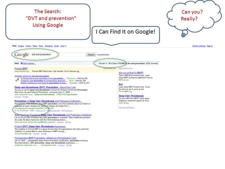 I Can Find It on Google! Find It on Google! Can you? Really?an The Search: “DVT and prevention” Using Google The database: Google Scholar.