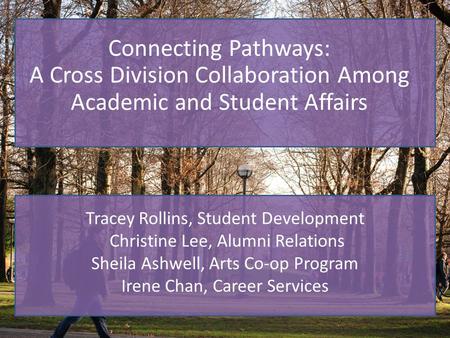 Connecting Pathways: A Cross Division Collaboration Among Academic and Student Affairs Tracey Rollins, Student Development Christine Lee, Alumni Relations.