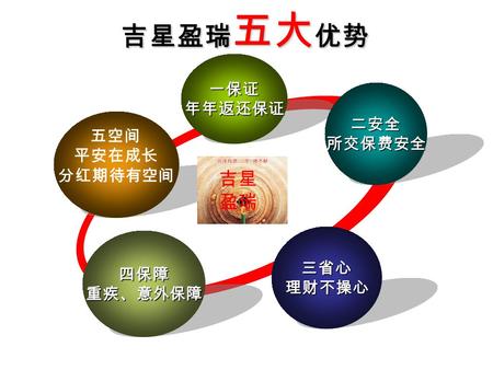 一保证年年返还保证 二安全所交保费安全 四保障重疾、意外保障 三省心理财不操心 吉星 盈瑞 吉星盈瑞 五大 优势 五空间 平安在成长 分红期待有空间.