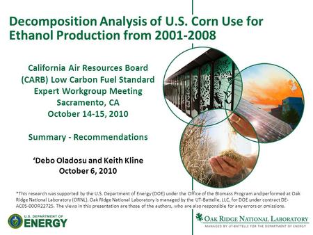 ‘Debo Oladosu and Keith Kline October 6, 2010 Decomposition Analysis of U.S. Corn Use for Ethanol Production from 2001-2008 *This research was supported.