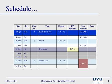 ECEN 301Discussion #2 – Kirchhoff’s Laws1 DateDayClass No. TitleChaptersHW Due date Lab Due date Exam 8 SeptMon2Kirchoff’s Laws2.2 – 2.3 NO LAB 9 SeptTueNO.