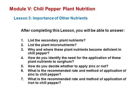 Module V: Chili Pepper Plant Nutrition